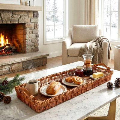 Extra-Long Handwoven Willow Centerpiece Tray with Color-Matched Wood Base & Handles, 37.8"