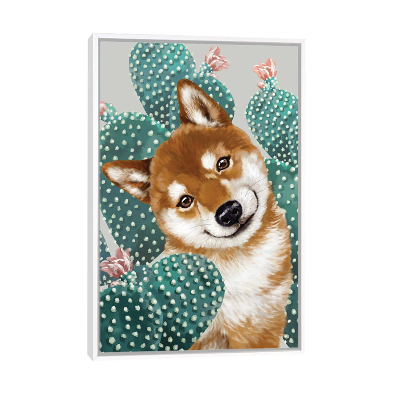 Shiba shiba avec cactus, Toile blanche encadrée, H 40 po x l 26 po x P 1,5 po