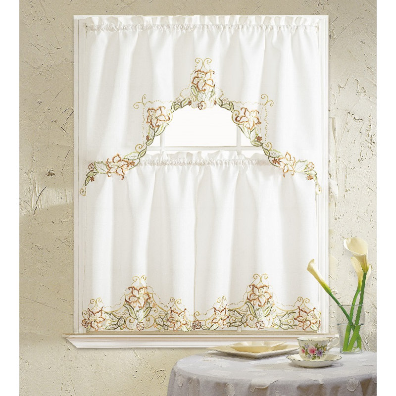 Lavida Floral Swag Kitchen Curtain, Beige/White