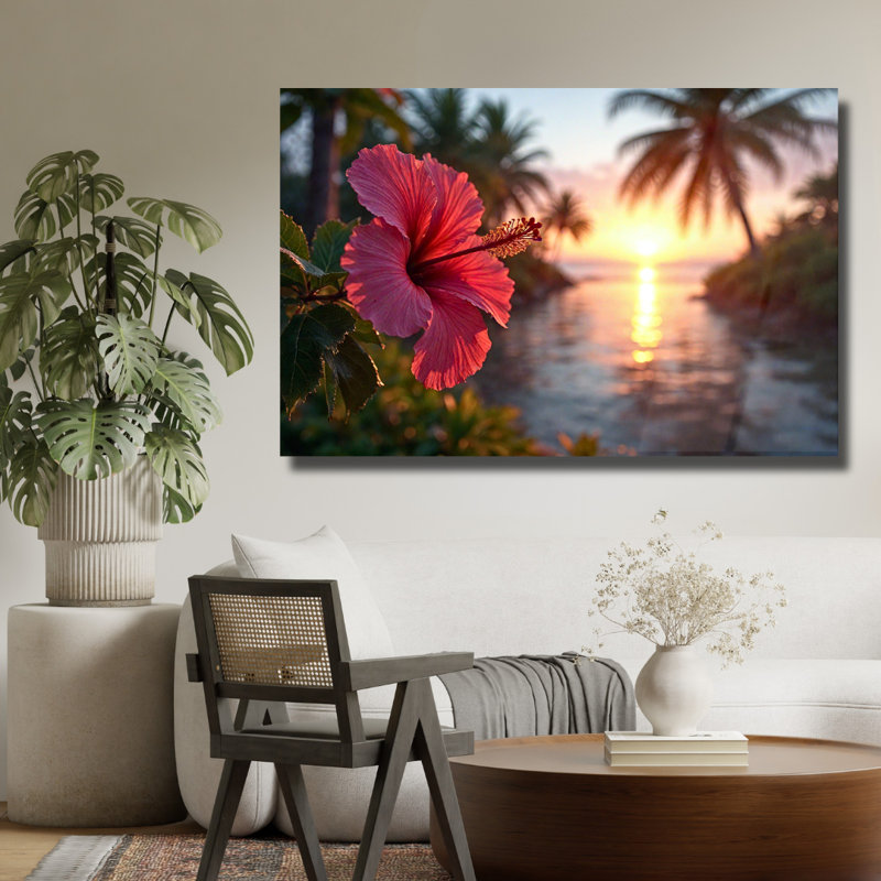 Art mural tropical en verre trempé rouge hibiscus, 12" H x 16" W