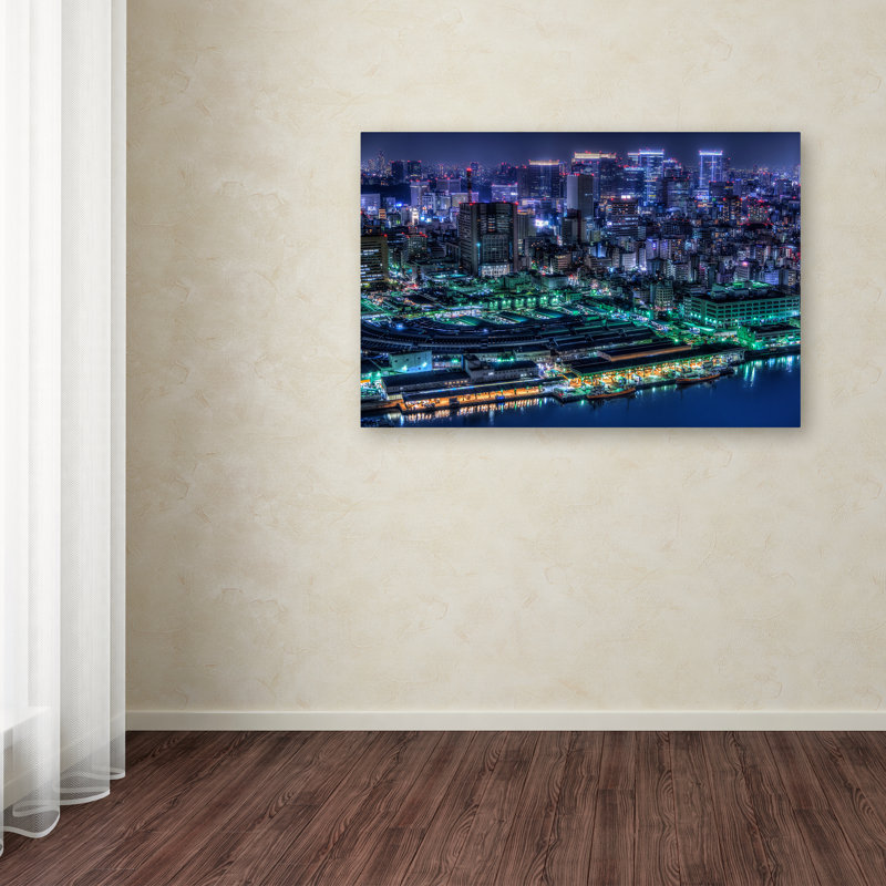 Tokyo Cityscape Framed Canvas Art in Blue and Green
