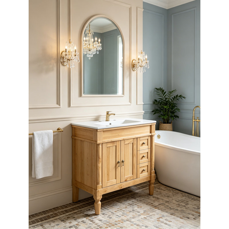 Meuble-lavabo autoportant, structure en bois massif et lavabo en céramique, 30", Bois