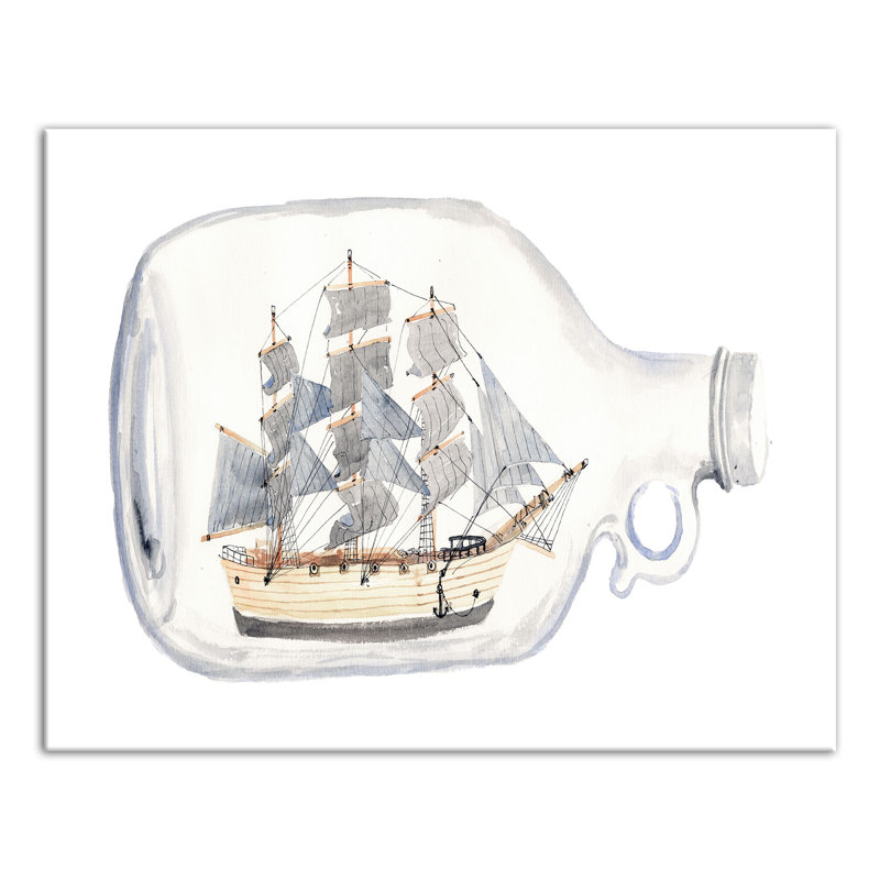 Bateau dans une bouteille sur toile, H 11 po x l 14 po x P 1,25 po