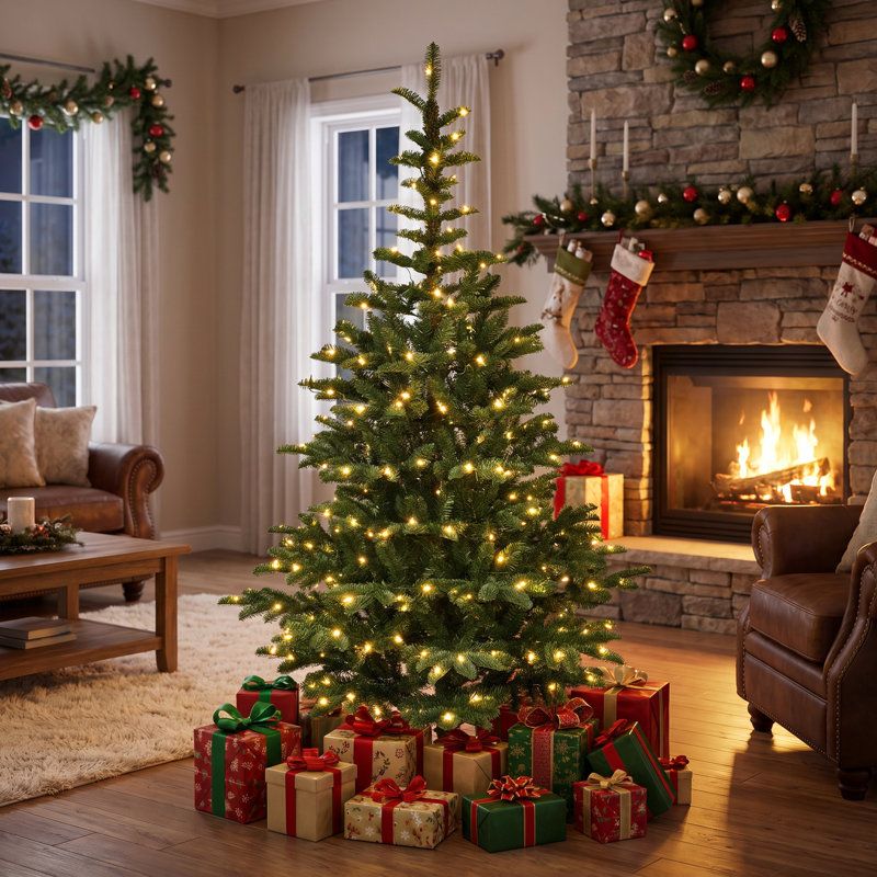 Sapin de Noël artificiel pré-illuminé de 2,44 m (8 pi) avec 500 lumières DEL blanc chaud, 1307 branches mixtes en PE/PVC