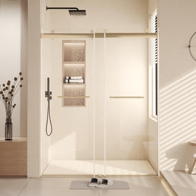 Luxueuses portes de douche à double coulisse dorées sans cadre en verre trempé résistant aux chocs de 10 mm, poignées modernes en acier inoxydable