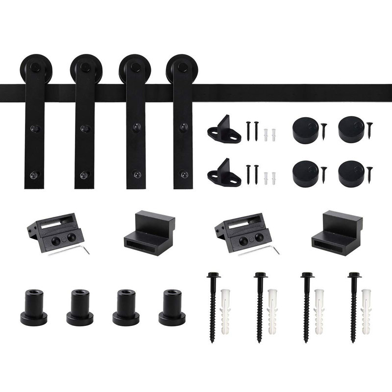 Matte Black Double Barn Door Hardware Track Kit with I-Strap Rollers