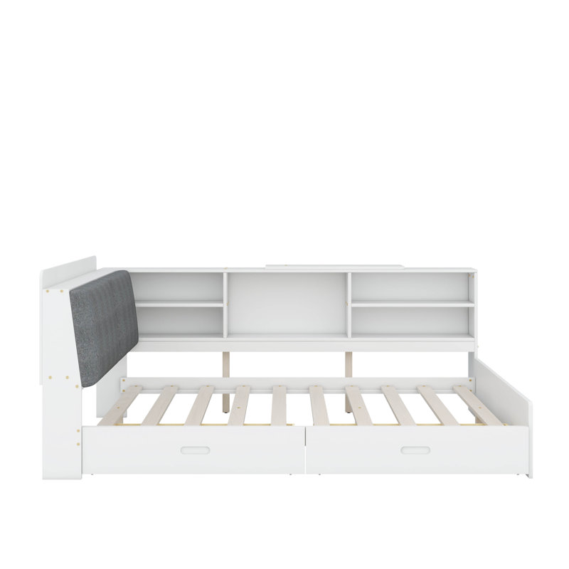 Lit plateforme double avec tête de lit, tablettes et tiroirs de rangement, Blanc