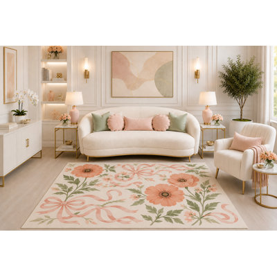 Tapis ultra-léger de 152 x 213 cm à motif floral pêche et coquelicots, style cottage botanique vintage, idéal pour le salon, la chambre et la chambre d'enfant. Dos en silicone antidérapant.