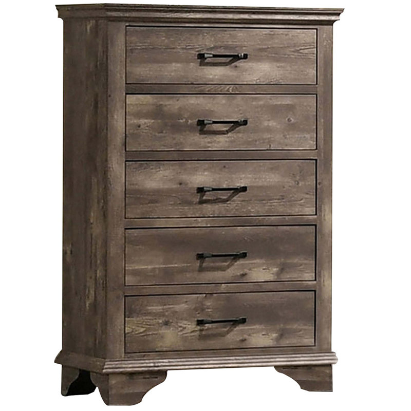 Commode haute 52 po Leontxo, 5 tiroirs coulissants, bois massif gris rustique