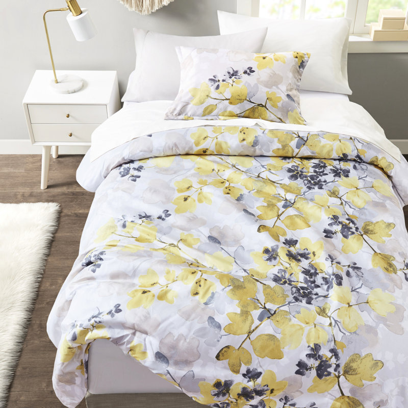 Édredon élégant avec draps - Grand motif de feuilles jaunes et grises, Grand édredon et 8 pièces supplémentaires