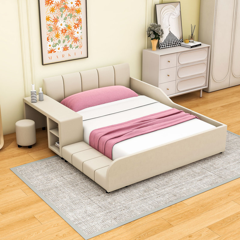 Lit plateforme tapissier en bois avec bureau de chevet, tabouret rond et tête de lit, Double, Beige