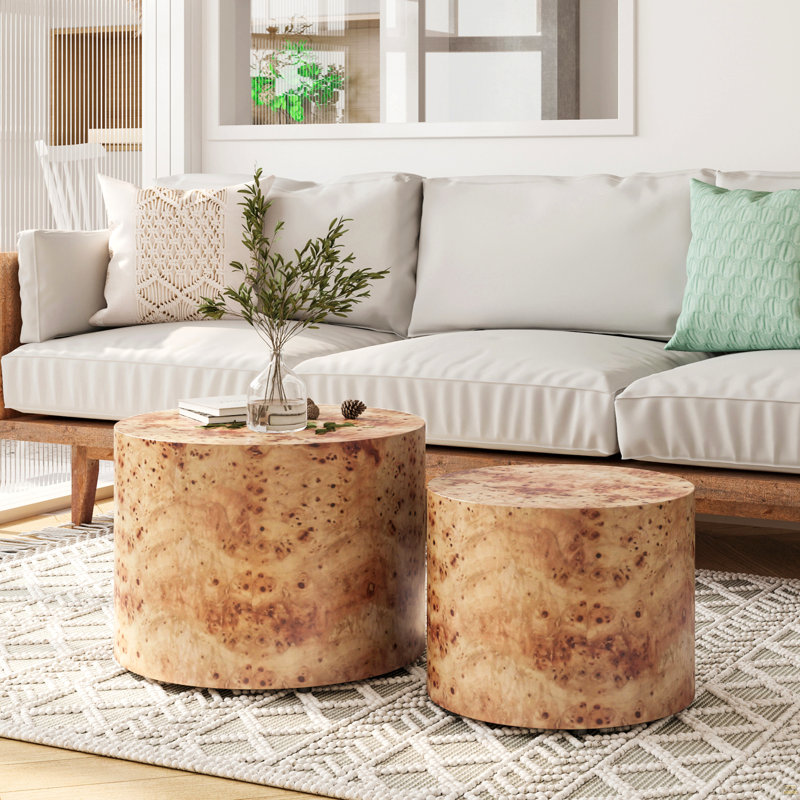 Ensemble de 2 tables basses Nesting, table basse ronde, tables d'appoint en bois et cercle, Brun / Beige