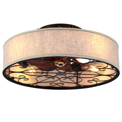 Boho Ceiling Fan With Light, 20-Inch Small Caged Fandelier, Low Profile Flush Mount,  With Off-White Linen Shade & Brown Wood Blades, Artisan Patterned Bottom Accent, E26 Bulb Base (Bulbs Not Included), Remote Control, For Bedroom Living Room Covered Pat