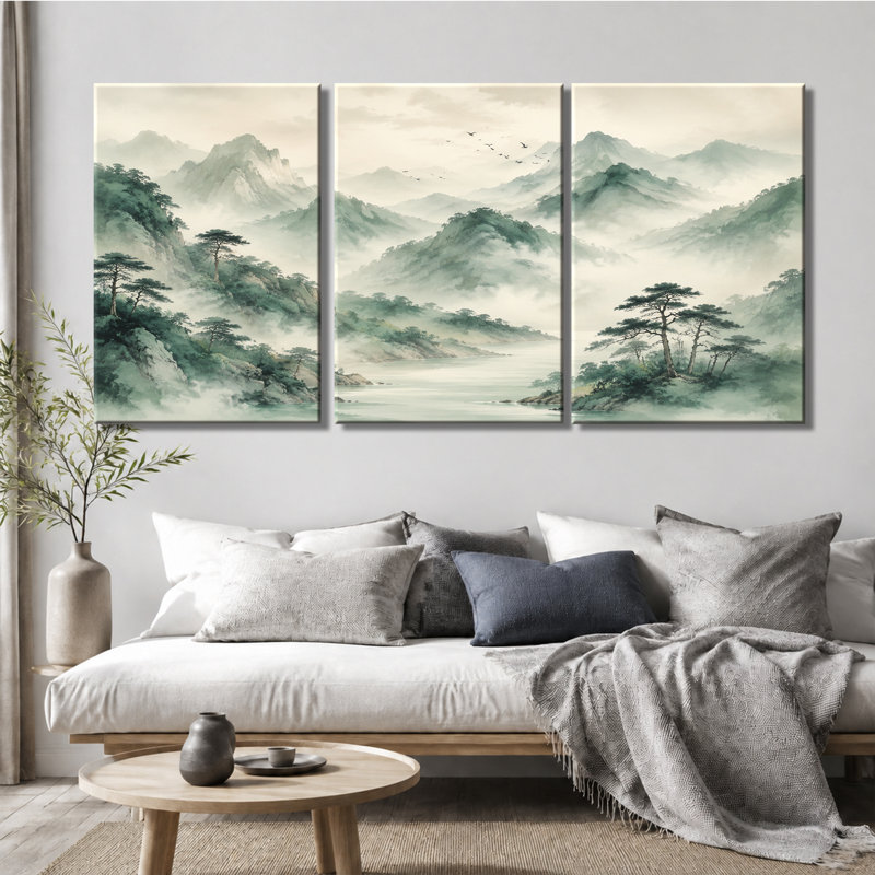 3 panneaux muraux, impression sur toile «Traditional Misty Mountain River», 28 * 40 pouces * 3