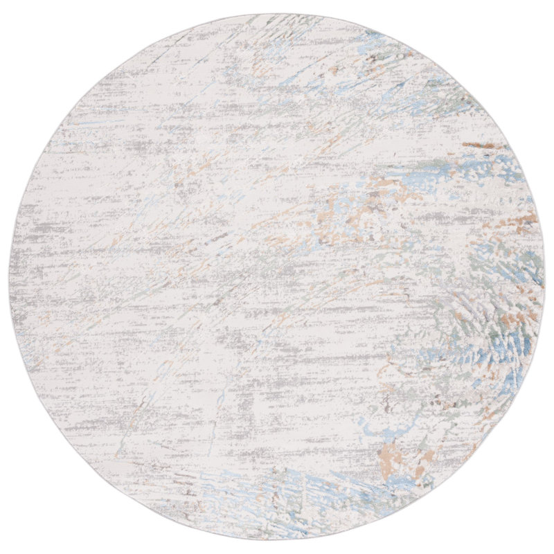Wayde Abstract Power Loom Grey / Turquoise Area Rug, Round 6'7"
