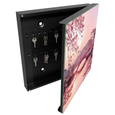 Key cabinet for home, Opens to the left, 30x30x5, White, Red bridge with pink cherries and sun, 