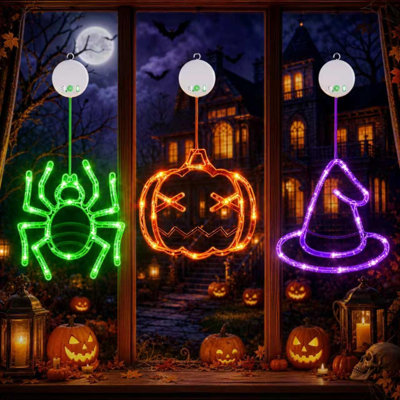 Halloween Window Lights, 3 Pack Pumpkin, Spider, Witch Hat Lights