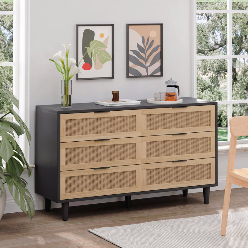 59.06"6-Drawers Rattan Storage Cabinet Rattan Drawer,for Bedroom,Living Room, Black (Same SKU:W757132849), Black