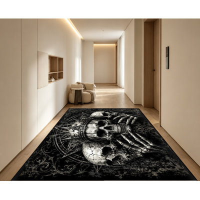 Tapis gothique tête de mort de style gothique foncé, motif floral réaliste de crâne, motif artistique unique, lavable à la machine, envers antidérapant, tapis d'intérieur chic pour le salon, la chambre à coucher, un appartement