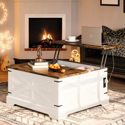 Farmhouse Lift Top Coffee Table, Square Wood Center Table With Charging Station
