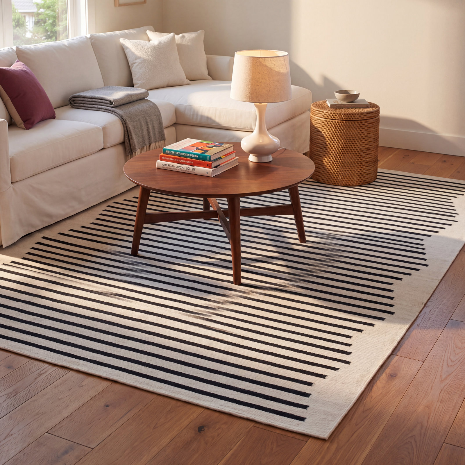 Mando Ivory Black Hand-Woven Striped Cotton Rug, Rectangle 9' x 12'