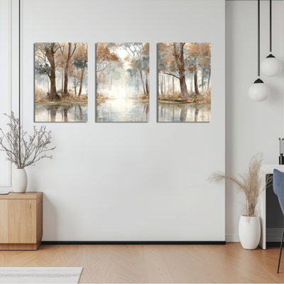 Autumn Forest Lake Reflection Canvas Wrapped Wall Art Oil Painting Print Set Of 3