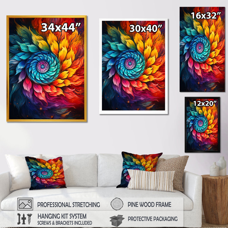 Fractal Colorfulfloral Spiral II - impression d'art mural fractal, H 32 po x l 24 po x P 1 po, Cadre doré simple