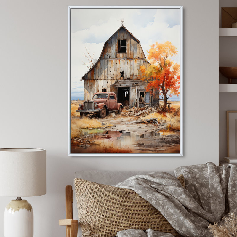 Aswini Barns Rustic Charm IX - Art mural de grange pour le salon, H 32 po x l 16 po x P 1 po, Cadre flottant blanc