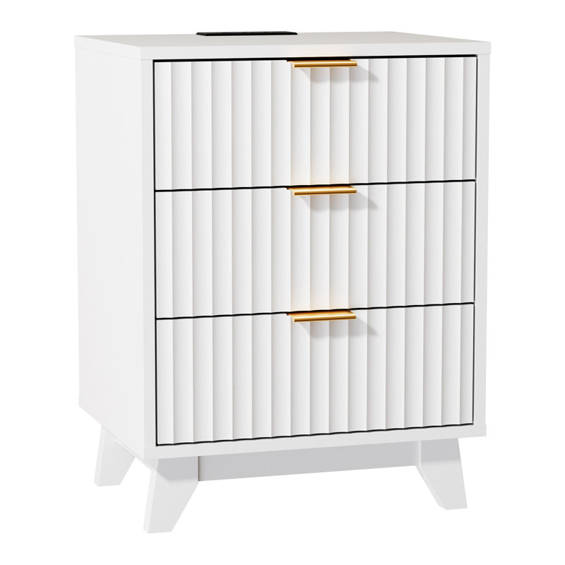 17.72 Inch 3 Drawer Grid Pattern Vredenburgh With US Standard Power Outlets, White
