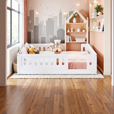 Élégant lit plateforme blanc avec garde-corps - Construction robuste en bois massif pour enfants et adultes