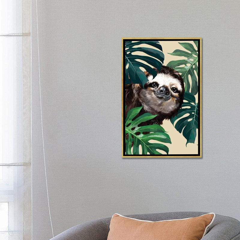 Sloth furtif avec monstera, H 26 po x l 18 po x P 1,5 po, Toile encadrée d'or