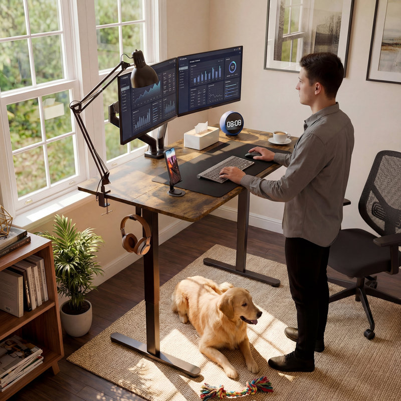 45 Inch Home Office Height Adjustable Electric Standing Desk, Brown, 48.1" H x 45.28" W x 23.62" D, Brown/Black