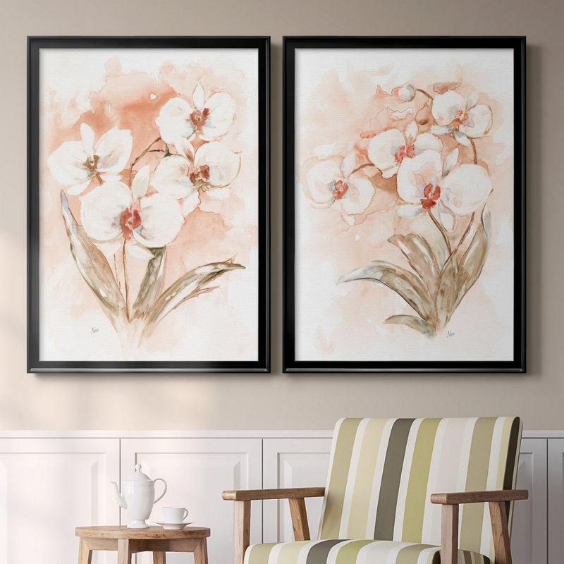 «White and Coral Orchid I», ensemble de 2 peintures sur toiles, H 26,5 po x l 73 po x P 1,5 po, Toile avec cadre noir