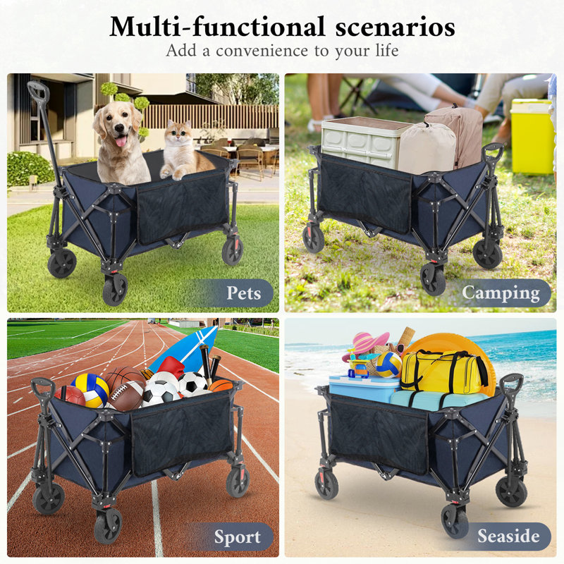 Chariot pliable avec roues tout-terrain, chariot portatif avec hayon rallongé, poignée réglable, chariot utilitaire pour le camping, l'épicerie, le jardin, les sports, les plages extérieures