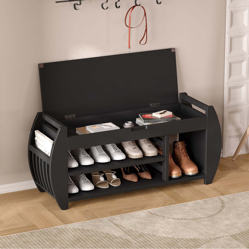 Banc de rangement pour chaussures avec coussin et côté incurvé, Noir