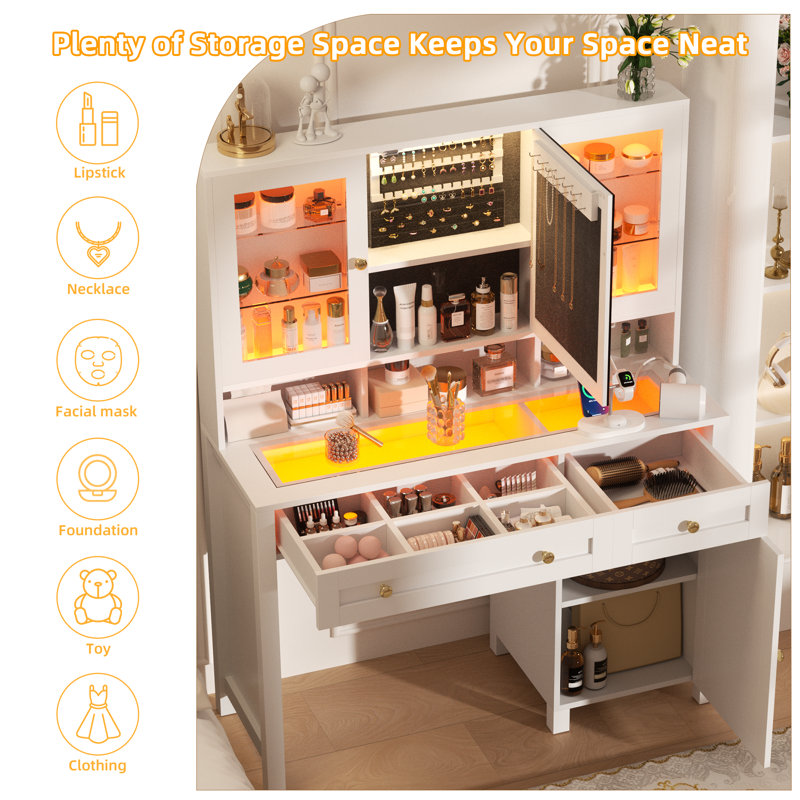 Nayaab Makeup Vanity Desk with Jewelry Organizer, LED Smart Mirror and RGB Lights, Elegant Glass Tabletop&Side Doors