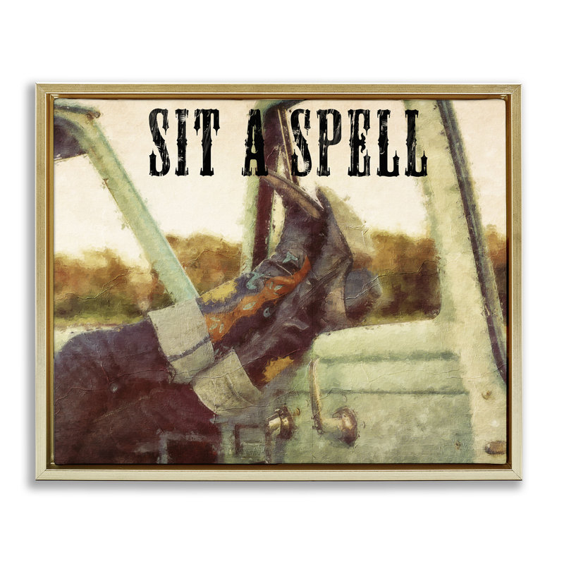 «Sit A Spell Cowboy», art mural encadré par Sasha, H 25 po x l 31 po, Cadre flottant métallique doré