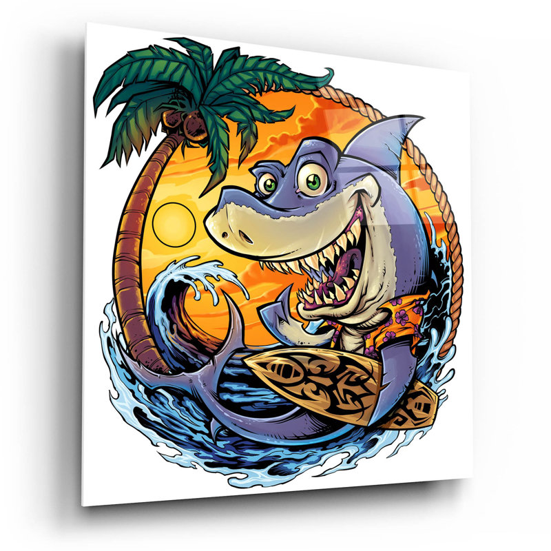 Requin avec planche de surf sur plastique / acrylique par Flyland Designs Print, H 12 po x l 12 po x P 0,13 po