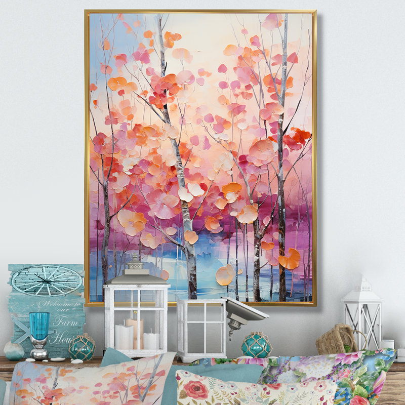 «Pink and Blue Trees Field Pointillism IV», art mural sur toile Cottage, H 20 po x l 12 po x P 1 po, Cadre flottant doré
