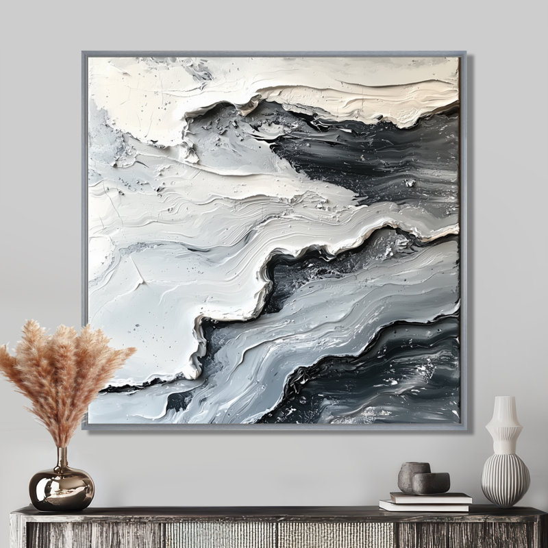 Odarrius marbre moderne dérive de l'encre monochrome II - art mural abstrait en marbre, H 36 po x l 36 po, Argent argent