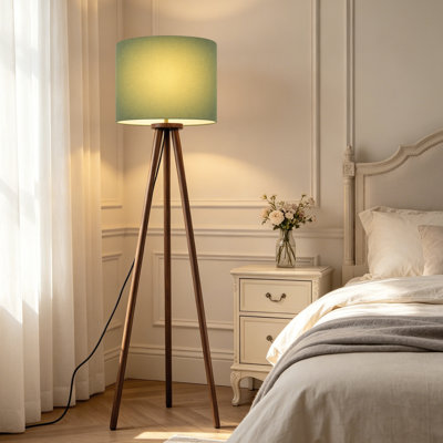 Lampe trépied 60,6 po avec base en bois de noyer massif et abat-jour en lin, interrupteur au pied, douille E26, lampe sur pied moderne certifiée UL pour salon, chambre à coucher, coin d'étude et de lecture