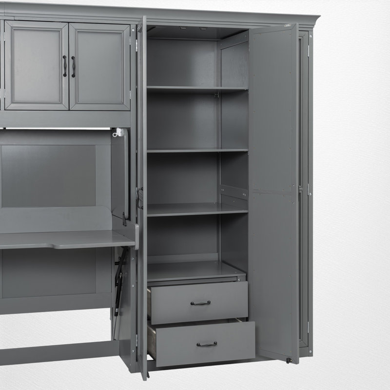 Lit escamotable simple avec bureau intégré, garde-robe et rangement, Gris