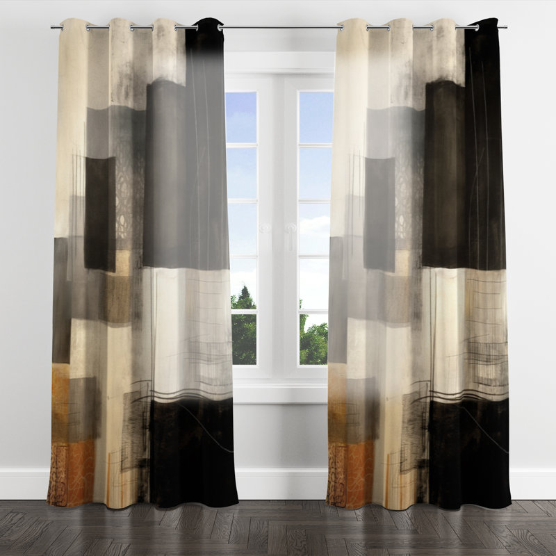 Black Mid Century Fusion II - Modern Grommet Curtain - Velvet Room Darkening - 1 panel, 52" W x 95" L, Silver Grommets