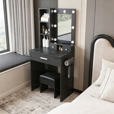 Table de coiffeuse compacte avec lumières DEL réglables, prise de courant, support pour sèche-cheveux et tabouret pour les petites chambres