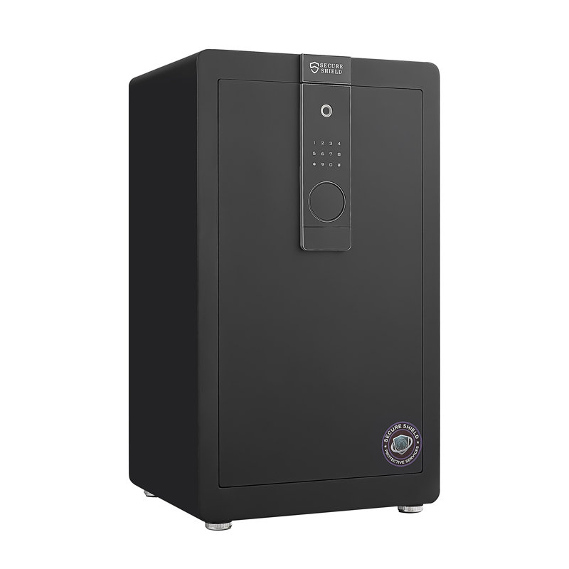 Coffre-fort biométrique avec compartiment caché, tablettes amovibles et double protection à clé électronique.