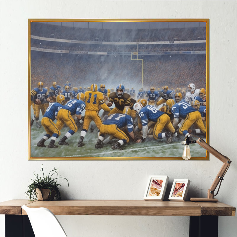 «Blue Sporting Football Game» - Art mural de football sportif, Cadre d'angle fermé noir, H 34 po x l 44 po x P 1,5 po