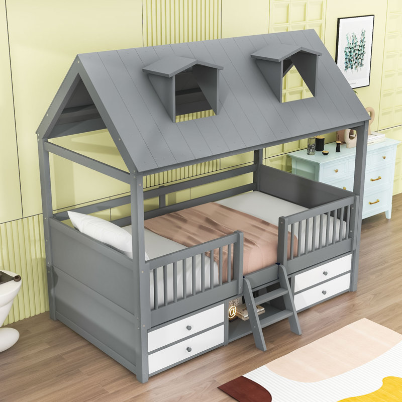Lit en bois avec lanterneaux et tiroirs, Gris, Simple