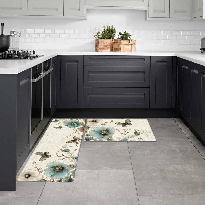 Tapis de cuisine sarcelle à motif floral et papillons, ensemble de 2 pour la cuisine et le vestibule, décoration intérieure rétro