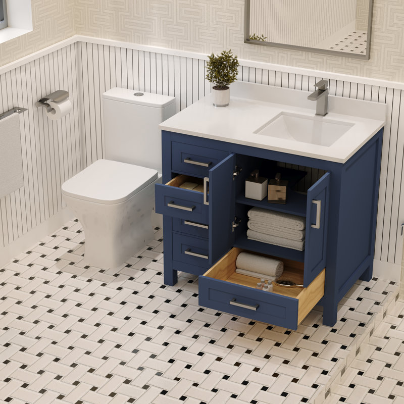 Meuble-lavabo simple 36 po avec comptoir en quartz blanc Rooh, Bleu marine