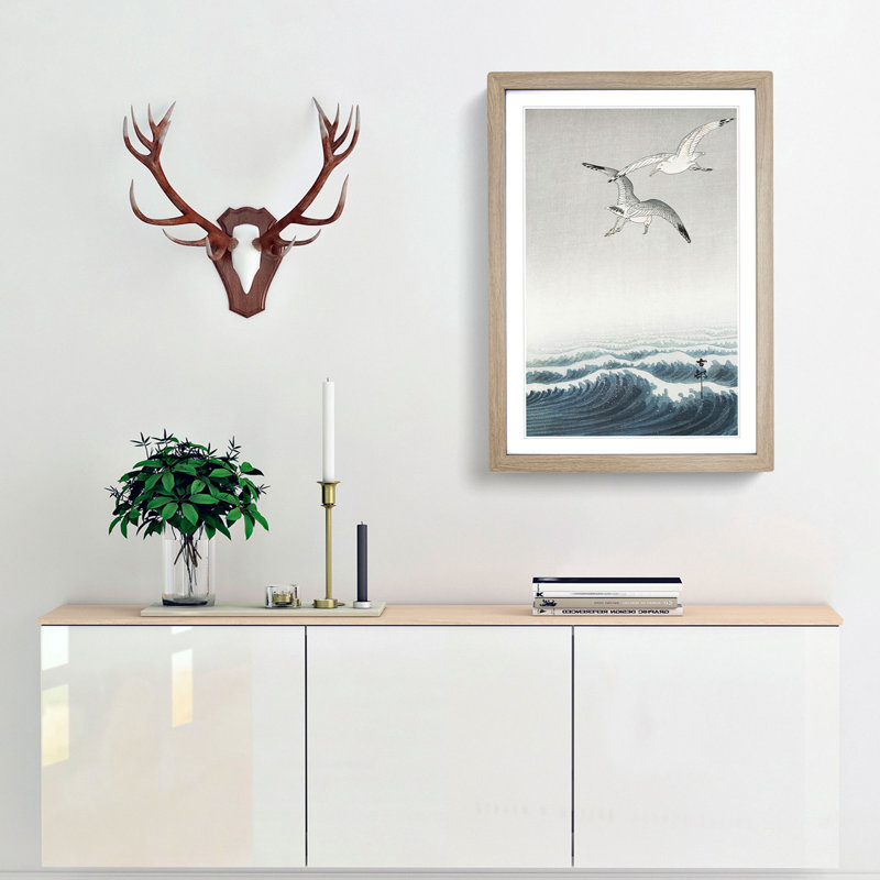 Three Seagulls by Ohara Koson - Picture Frame Painting Print, 48cm H x 36cm W x 2cm D, Oak Framed